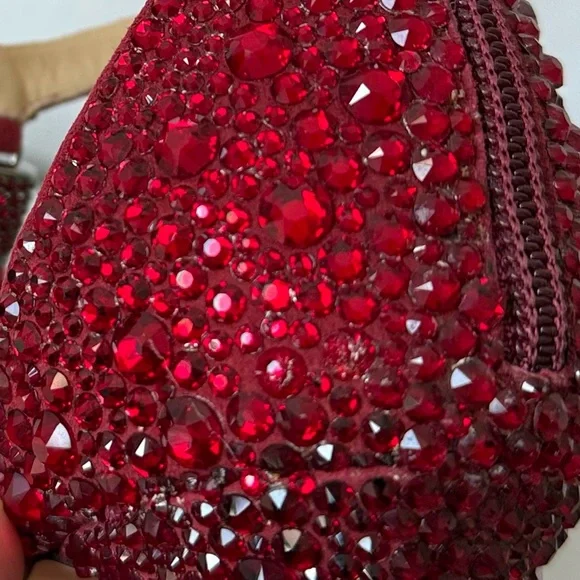 New Jimmy Choo VIOLA 110 Suede Crystal Sandals Red Ostrich Feather Tassel - Picture 16 of 17